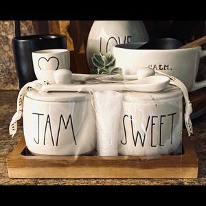 New Rae Dunn Ceramic storage jar set with spoons on a wooden tray. 
JAM/SWEET 💜